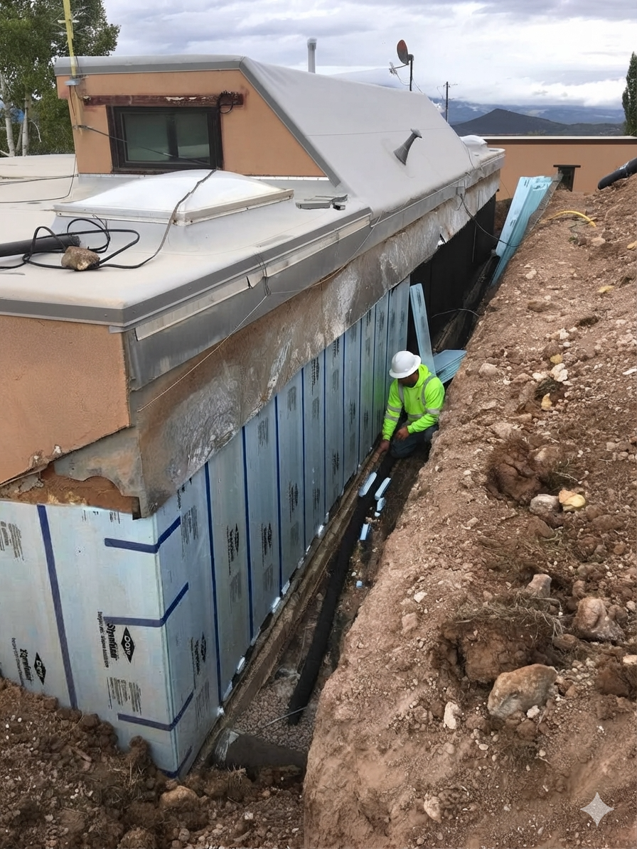 Foam insulation panels covering a foundation wall with drainage pipe in the trench