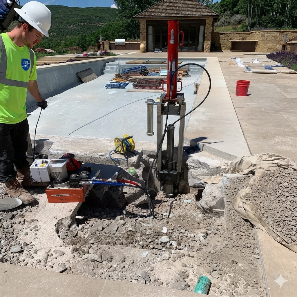 Crew driving steel piers beside a settling swimming pool wall