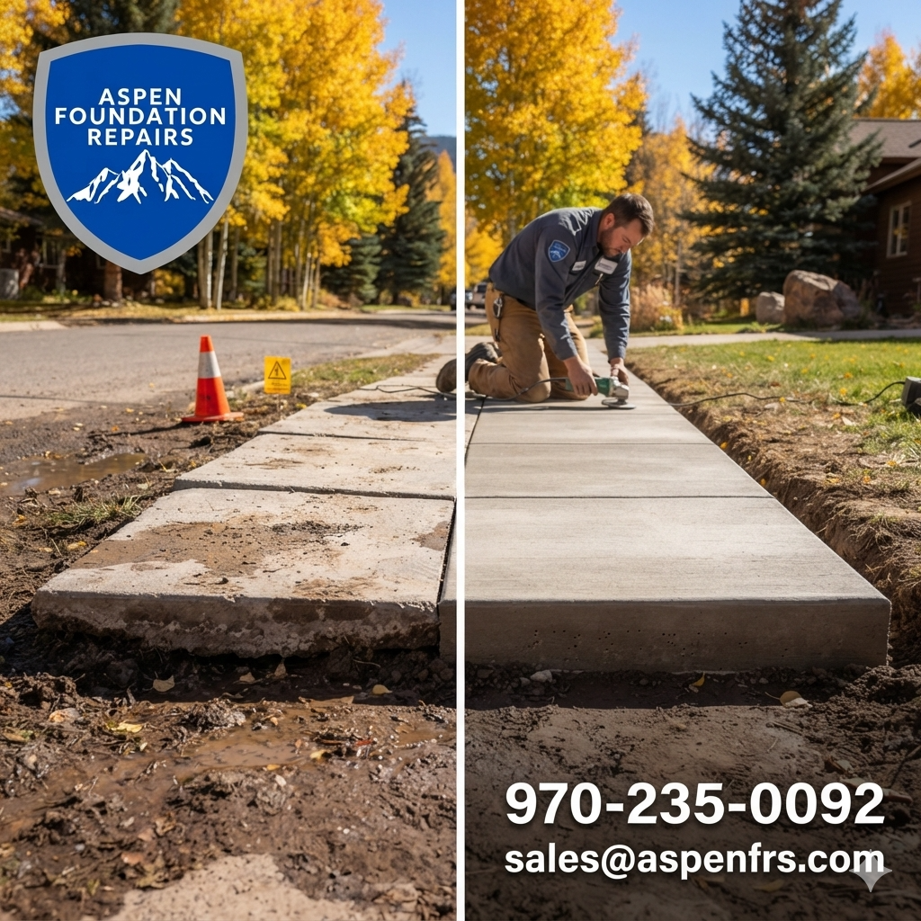 Before and after view of a settled sidewalk restored to a smooth, level surface