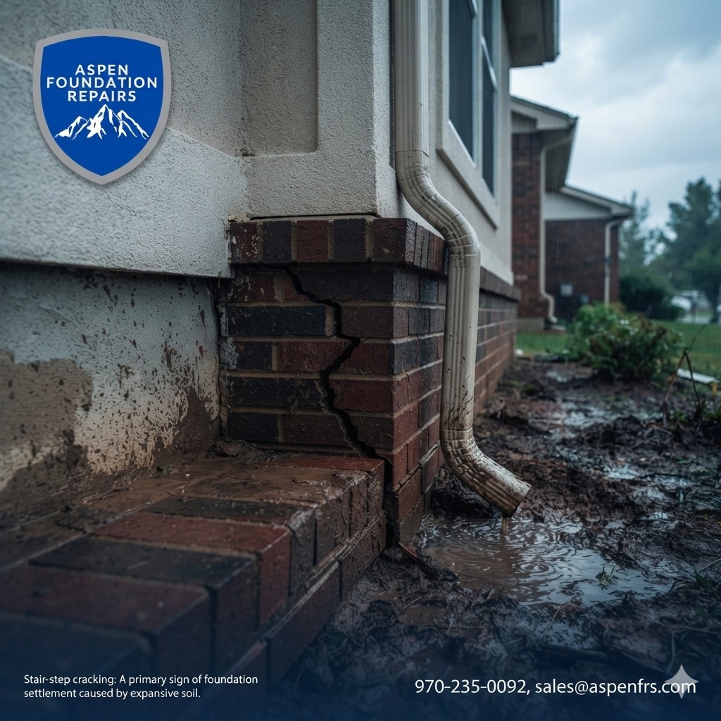 Stair-step cracking in exterior brick beside a downspout discharging next to the foundation