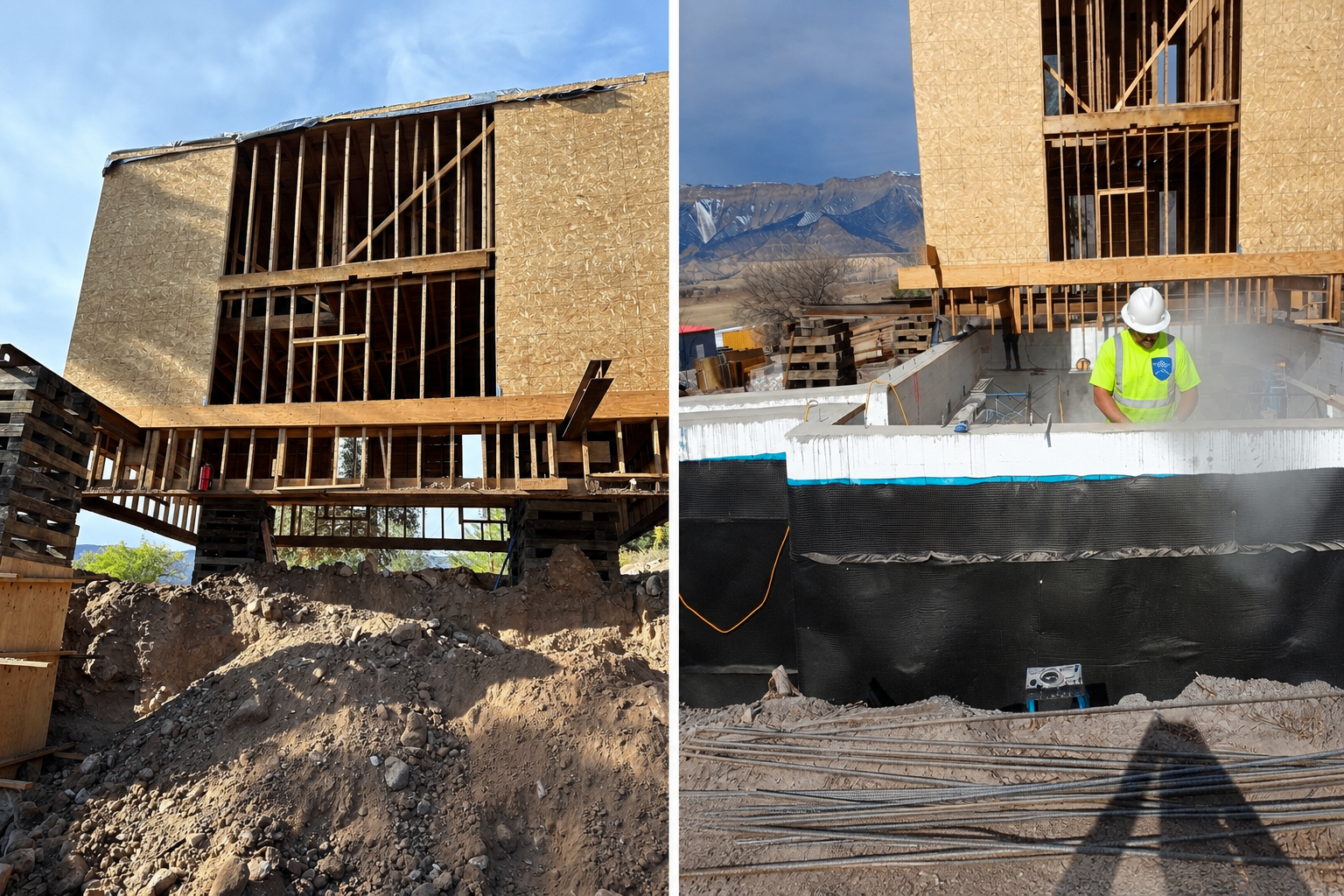 Side-by-side foundation replacement — house lifted on cribbing, new foundation walls built in