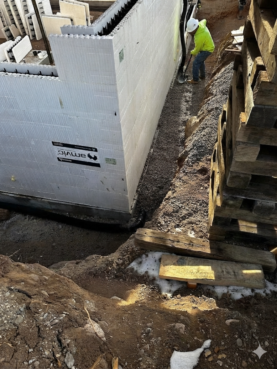 Worker spreading drainage gravel along a newly insulated foundation wall before backfill