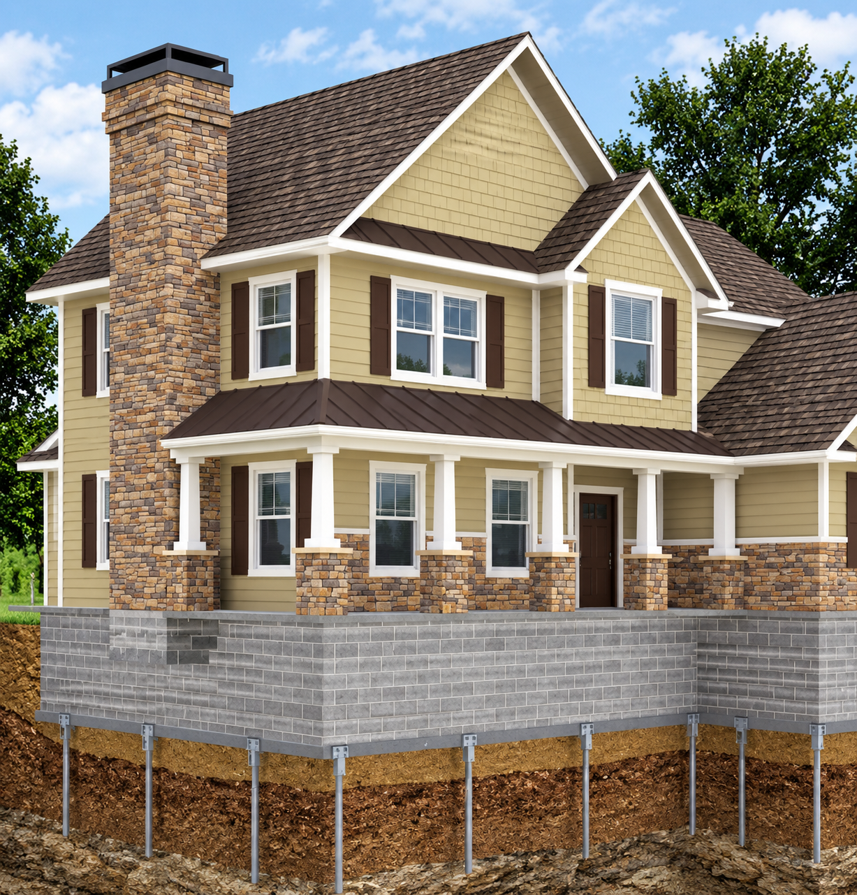 Illustration of an entire home supported on steel push piers driven through unstable soil to bedrock — the full repair system from footing to foundation