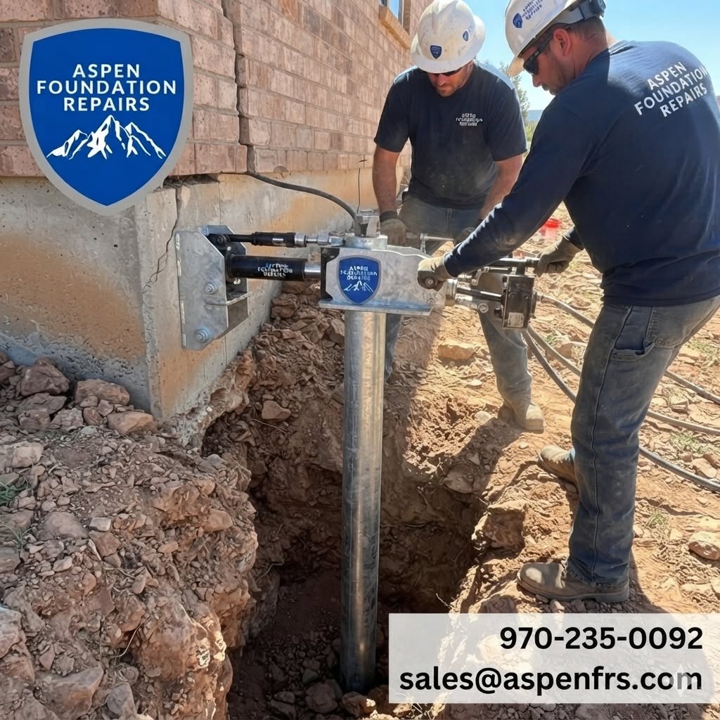 Steel push pier bracket installed under a settling foundation footing