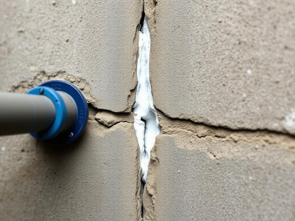 Foundation wall crack prepped for injection and sealing