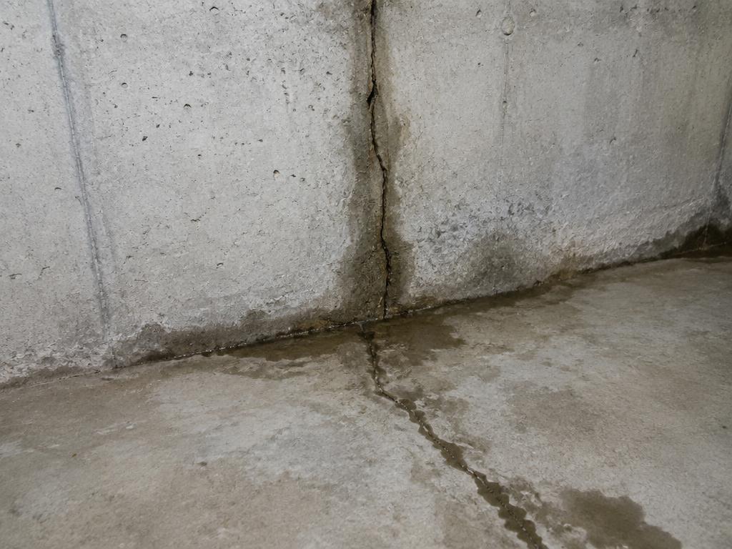 Leaking crack in a basement wall continuing into the floor slab