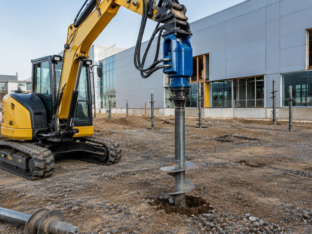 Helical piles installed with a hydraulic drive at a commercial site
