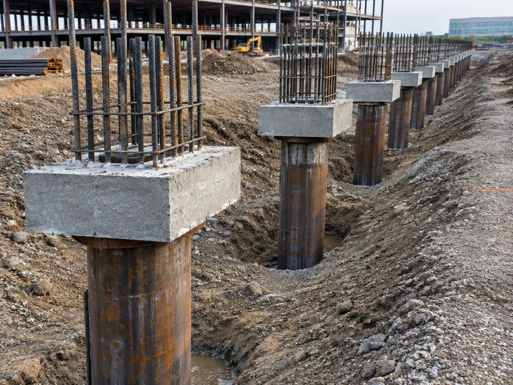 Steel deep foundation piles with pile caps at a new commercial build