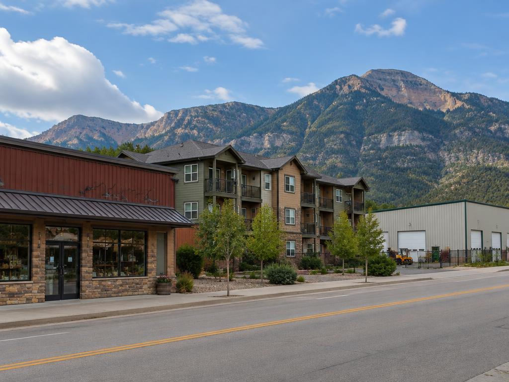 Retail, multi-family, and light industrial buildings in a western Colorado town