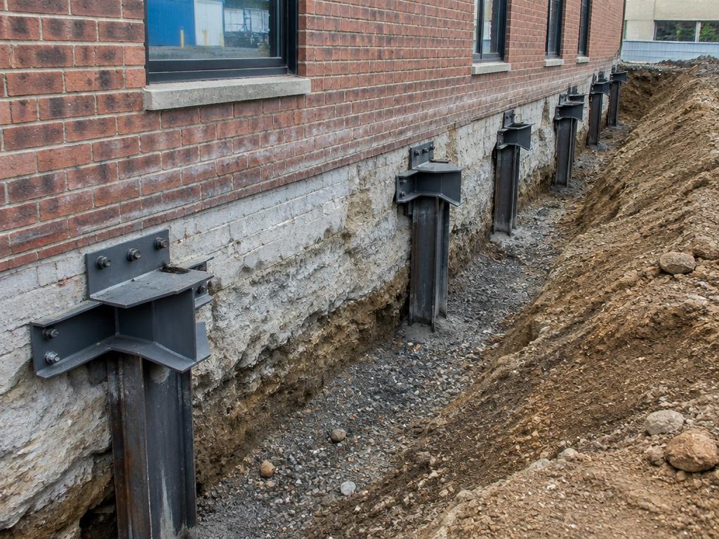 Underpinning brackets installed along an existing commercial foundation