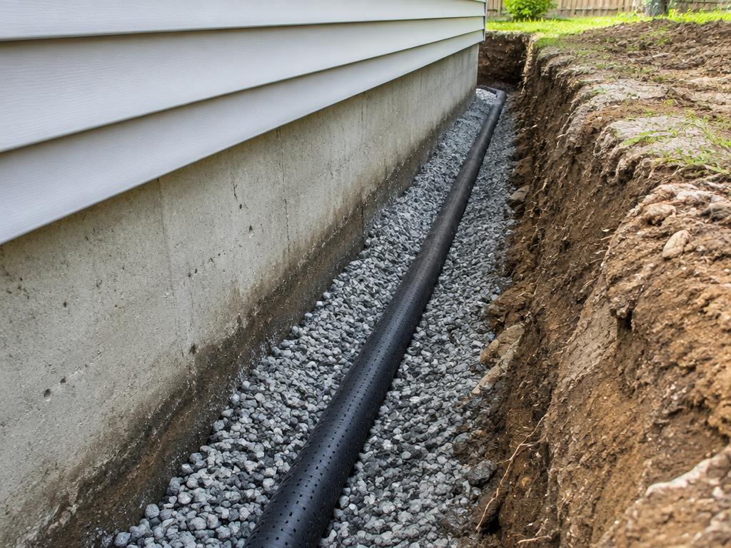 Exterior French drain at footing depth