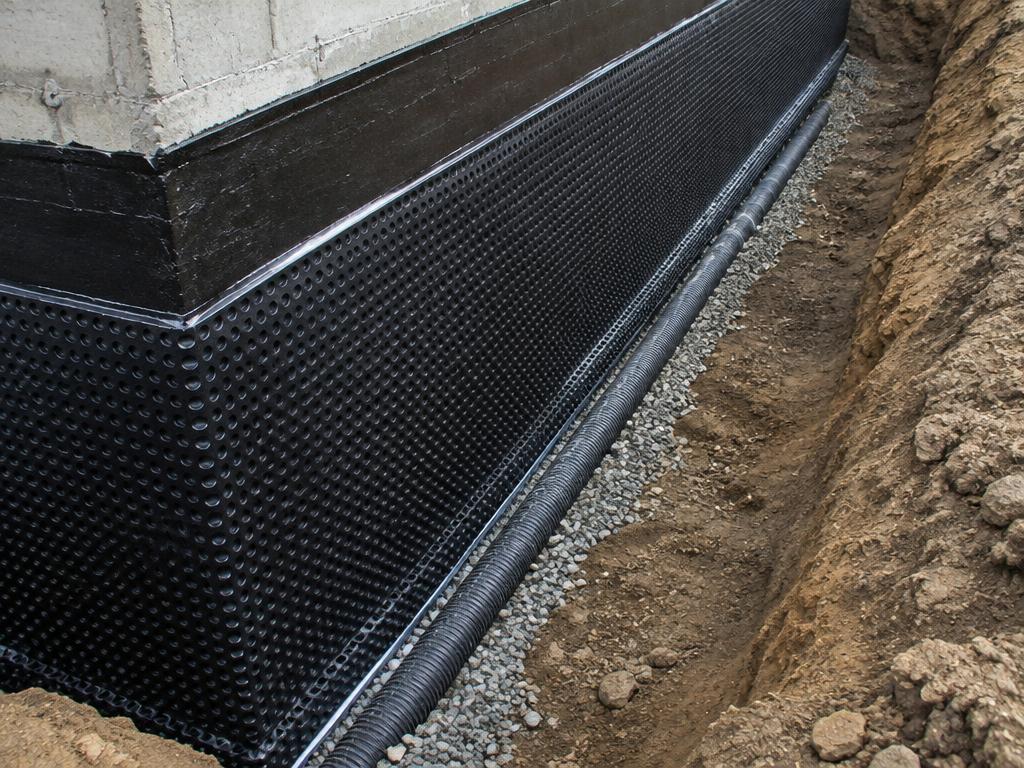 Exterior foundation wall with waterproof membrane and drainage board