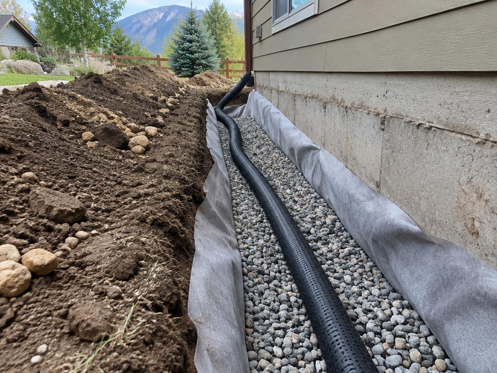 Perforated drain pipe laid in fabric-lined gravel trench beside a foundation