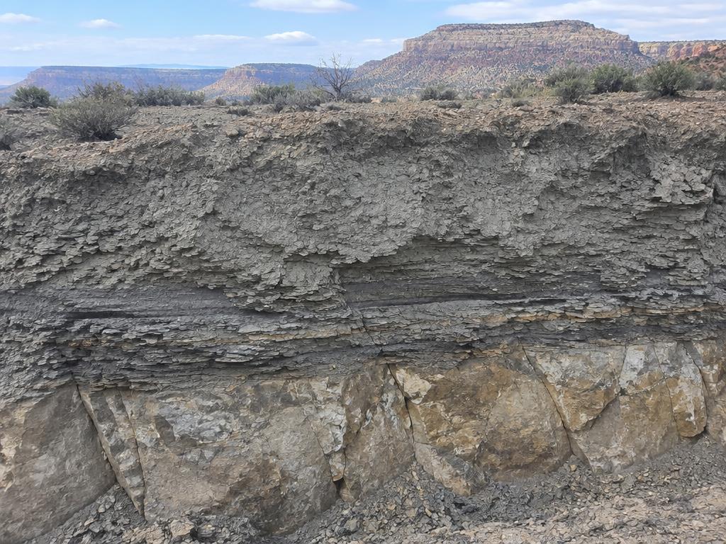 Expansive Mancos shale clay layers over rock in western Colorado