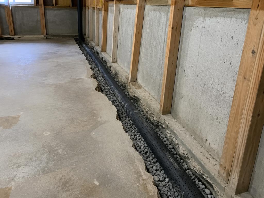 Interior perimeter drain installed along a basement wall