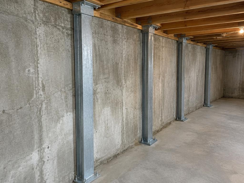 Galvanized steel wall braces stabilizing a bowing basement wall