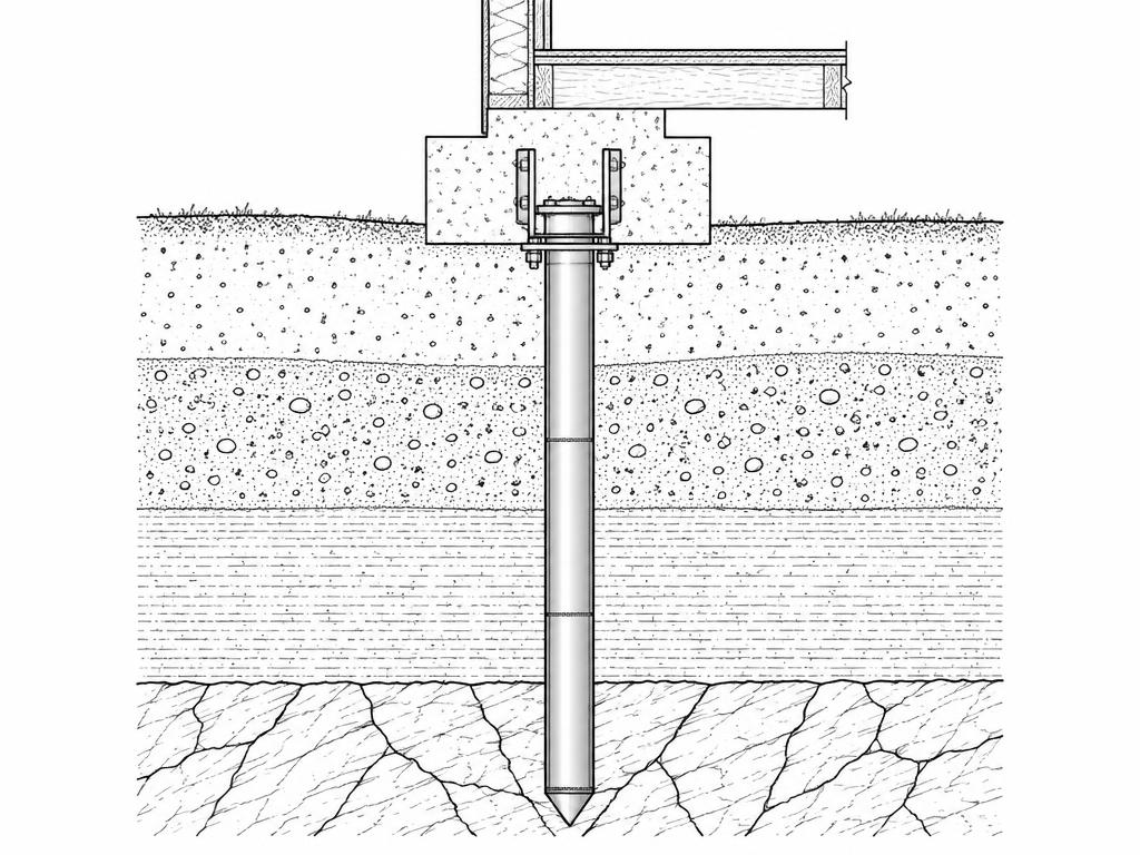 Push pier cross-section drawing: bracket at the footing, pier driven to load-bearing strata