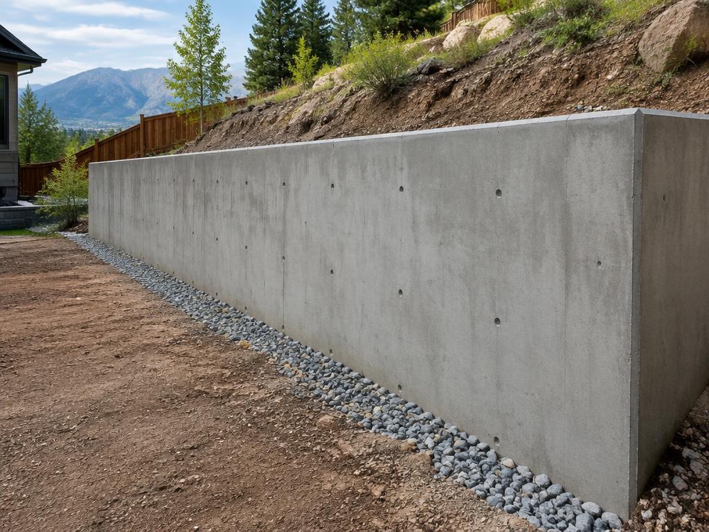 New poured concrete retaining wall with drainage gravel at the base