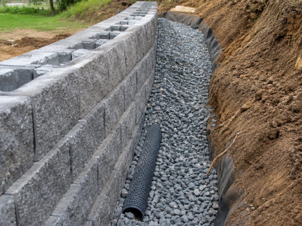 Drainage gravel and perforated pipe placed behind a retaining wall