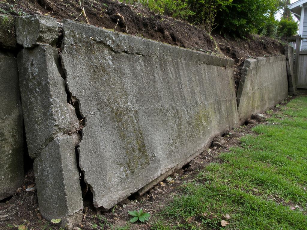 Cracked, leaning concrete retaining wall failing under soil pressure