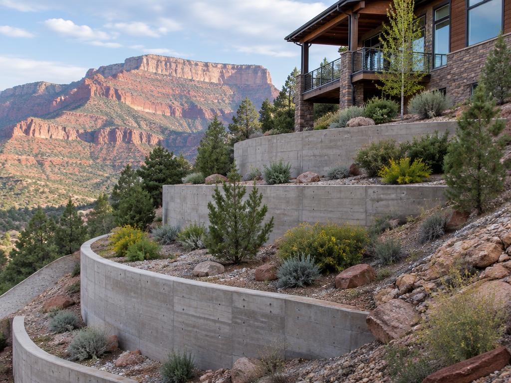 Terraced concrete retaining walls holding a steep western Colorado slope