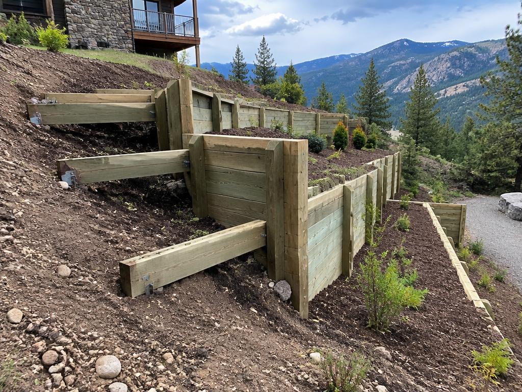 Tiered timber retaining walls with deadmen on a mountain lot