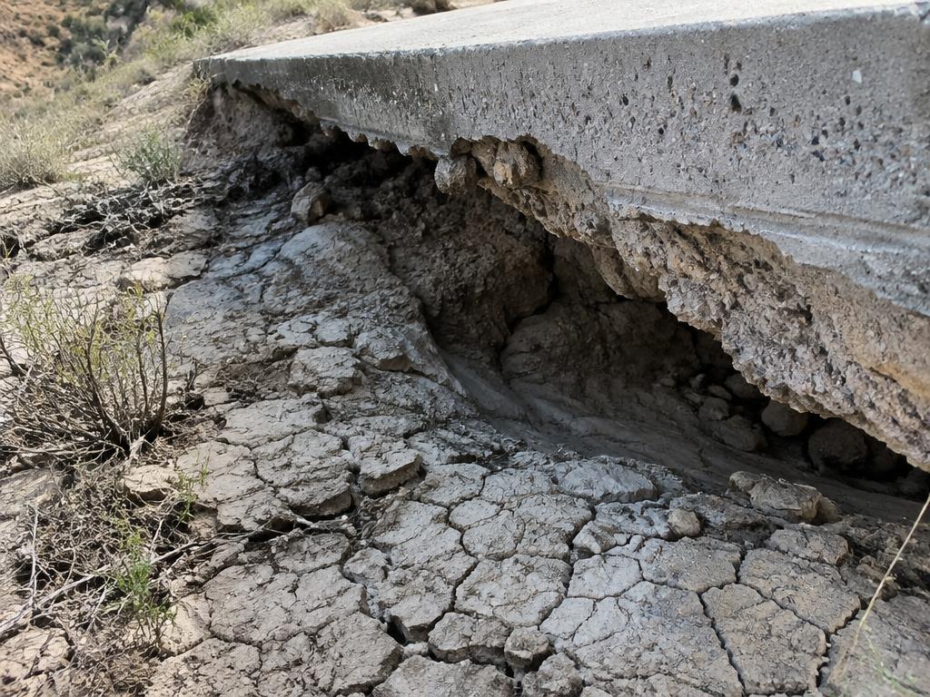 Washed-out clay soil void beneath a concrete slab
