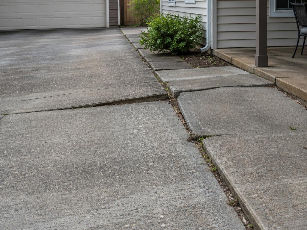 Sunken, uneven driveway and sidewalk slabs beside a home