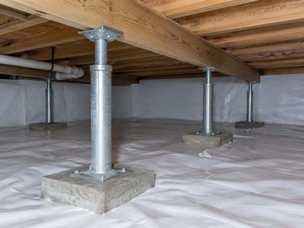 Adjustable steel support posts holding up a crawl space beam