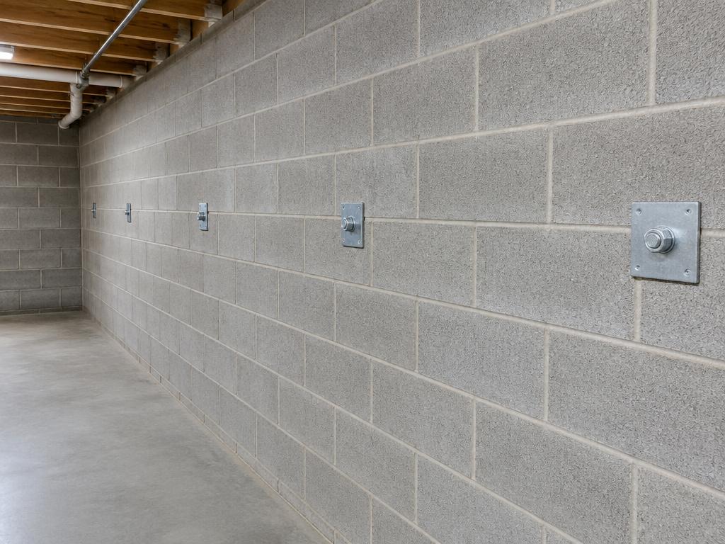 Steel wall plate anchors bolted through a basement block wall
