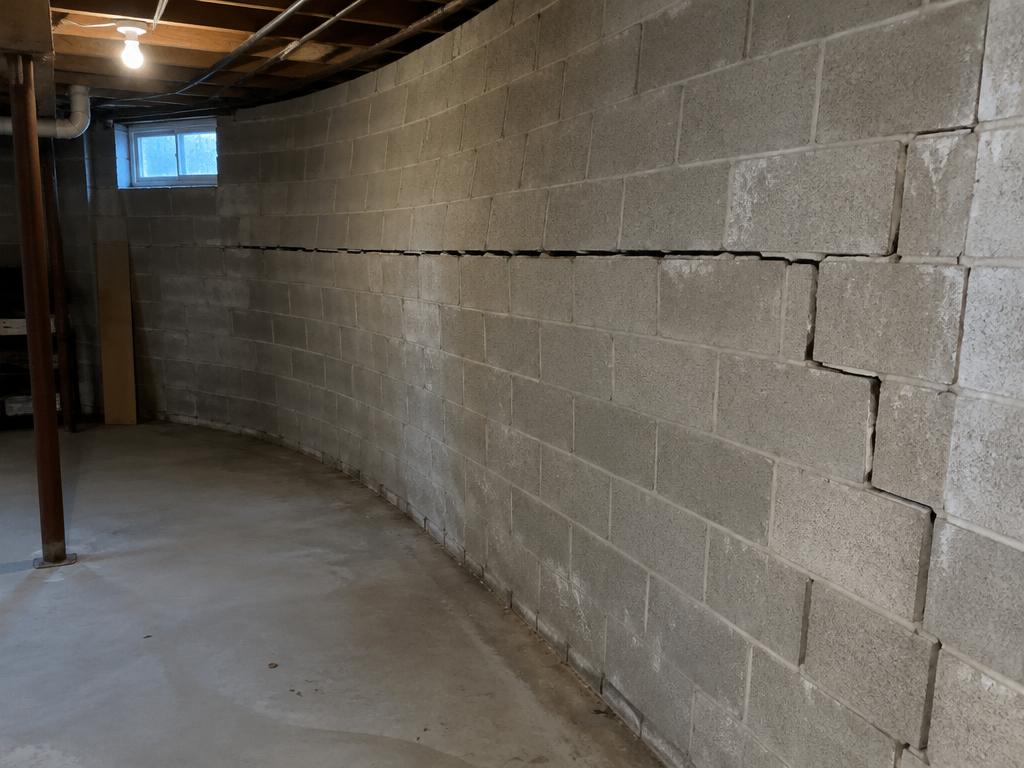 Bowing basement block wall with horizontal and stair-step cracking